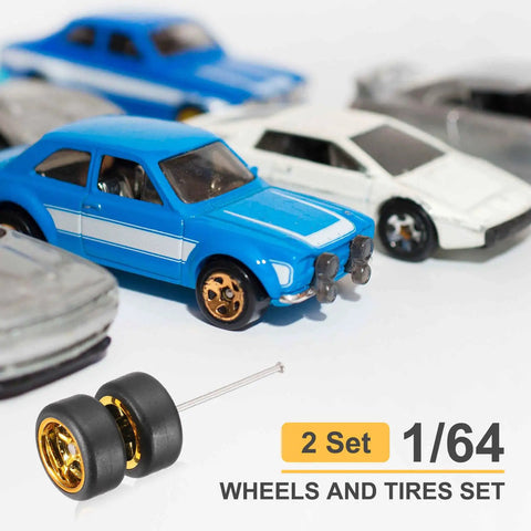 Two Pack 1 By 64 Scale Wheels And Tires With Real Riders Rims And Axles For RC Diecast Cars And DIY Models 5 Spoke Gold Rims