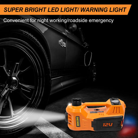 5 Ton 12V Electric Car Jack Kit With Portable Wrench And Tire Inflator Pump, LED Work Light And Warning Light, 4 In 1 emergency tire change tool with bright LED light.