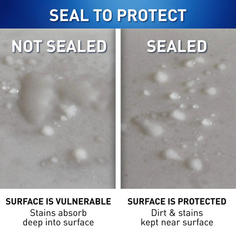 Comparison of surfaces with and without Advanced Penetrating Sealer For Countertops Stone Tile And Grout Odorless Water Based Formula.