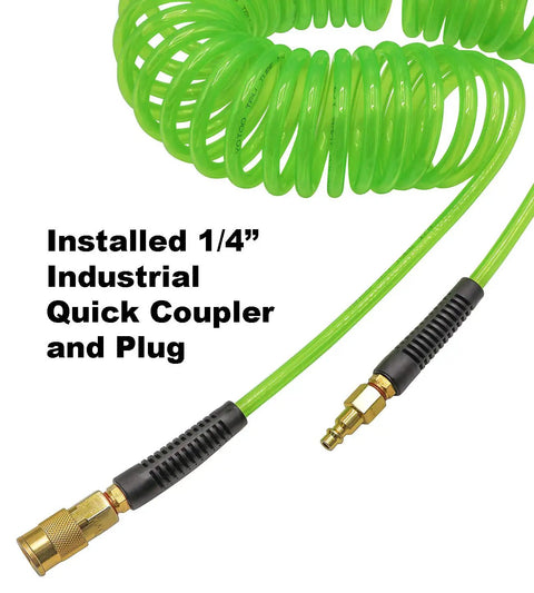 Recoil Air Hose for Air Compressor 1/4 Inch Inner Diameter, 25 Feet Self Coiling, Bend Restrictor, Pro Grade No Kink Quick Coupler