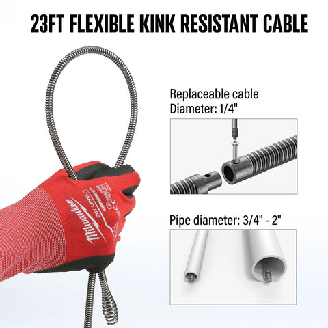 Auto Feed Drain Auger 120V 23 Foot Drain Snake flexible cable shown with gloves, replaceable cable and pipe diameter details