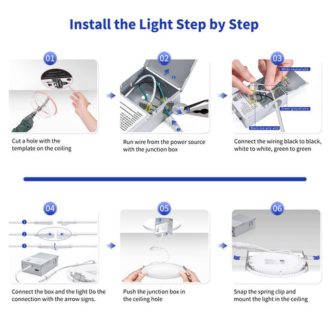 Installation steps for 16 Pack 6 Inch LED Recessed Canless Wafer Lights With 5CCT Selectable 2700K To 5000K, Dimmable 12W 1050LM