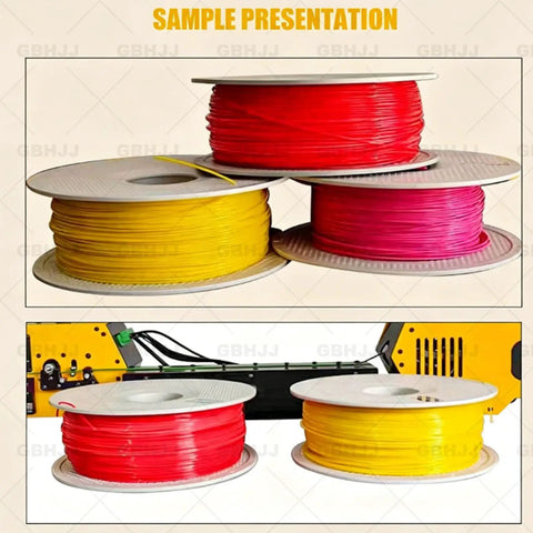 Desktop 3D Filament Extruder Recycler With Auto Coil Winding And Integrated Filament Holder, showing colorful spools of filament.