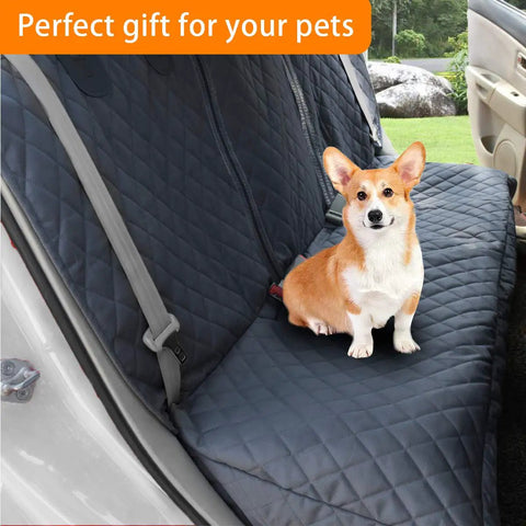Corgi sitting on waterproof dog car seat cover with side flap for cars trucks and SUVs backseat protector nonslip pet seat cover.
