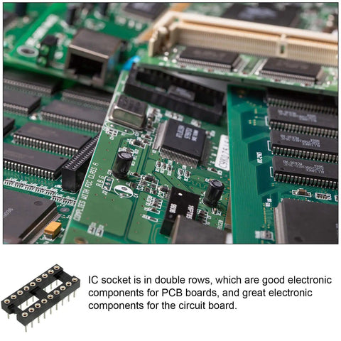 Close-up of DIP IC Socket Adapter Kit For PCB Projects 2.54mm Pitch 18 Round Pins on circuit board with green background.