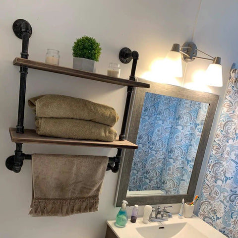 Industrial Rustic Bathroom Shelves Wall Mounted 19.7 Inch Two Tier With Towel Bar, Metal Pipe Storage Over Sink