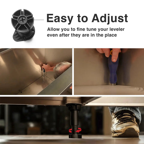 Heavy Duty Adjustable Furniture Leveling Feet Set Of 12 For Beds Desks Cabinets Shelves And Workbenches Non Slip Commercial Grade Support Easy Install Supports Up To 1000 Lbs Each Adjustable From 3.5 To 6 Inches being adjusted under furniture with tools.