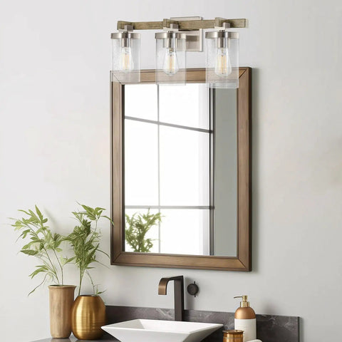 Farmhouse Vanity Light With Seeded Glass Cylinders, Three Light Fixture In Reclaimed Oak Wood And Brushed Nickel Finish above mirror