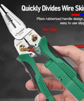 Person holding Do It All Electrician Wire Stripper With Built In Power Meter, green handle, showing wire cutting use.