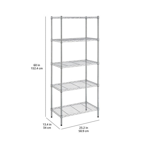 Heavy Duty Five Shelf Adjustable Storage Shelving Rack For Garage And Workshop featuring a rugged steel wire base and chrome finish.
