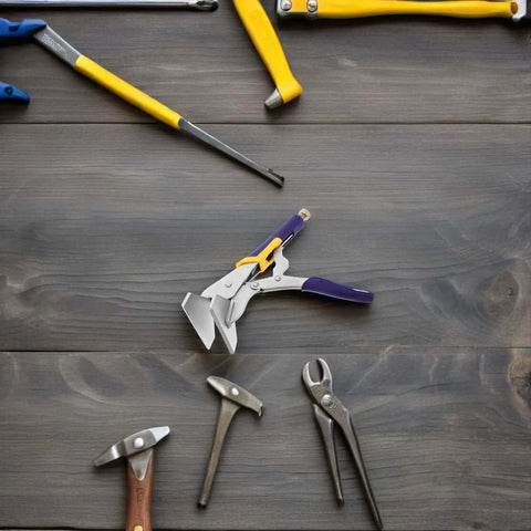 Sheet Metal Hand Seamer Pliers Built Tough Straight Jaw Metal Bending Tool with non-slip ergonomic handle on wooden surface.