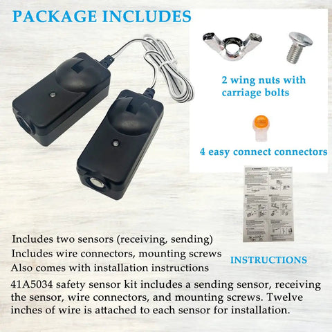 Universal Safety Sensor Beam Eyes Kit Replacement for Garage Door Openers After 1997, shown with components and instructions
