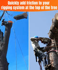 Kickass Adjustable Arborist Rigging Sling With Smooth Aluminum Block Ring Five Eighth Inch By 6 Point 7 Feet 10 Pocket Quick Setup Tree Lowering Gear in use at tree top.