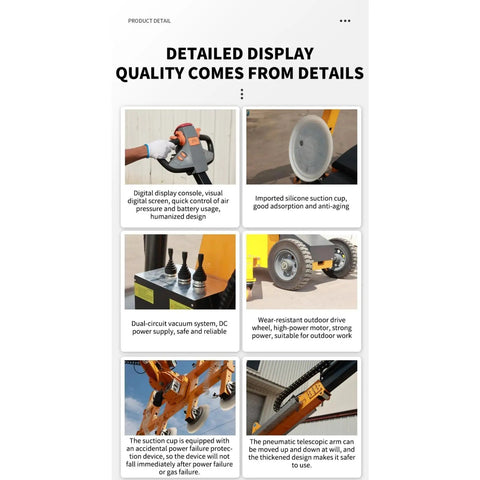 Detailed display features of a heavy duty electric vacuum lifter: control console, silicone suction cup, dual-circuit vacuum system.