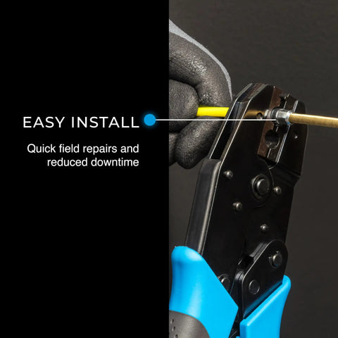 Crimping tool demonstrating installation for S Class Fish Tape Field Replacement Leader With Fiberglass Construction.