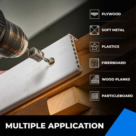 Drilling into wood plank using 7 Piece Countersink Drill Bits Set For Woodworking High Carbon Steel Carpenter Bits with applications list.