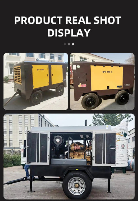 Heavy Duty Industrial Electric Air Compressor With Mobile Screw Design For Construction Mining And Drilling, shown in three angles.