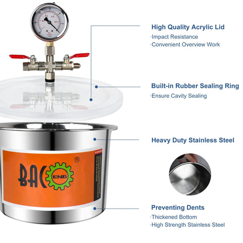 Front view of BACOENG 2-quart stainless steel vacuum chamber with clear acrylic lid and gauge for resin degassing.