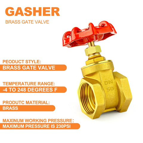 GASHER brass gate valve with red wheel handle, 2-inch female x female threaded, for water, oil or gas