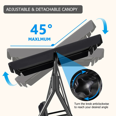 Adjustable canopy detail of Three-Seat Outdoor Patio Swing Chair With Adjustable Canopy And Durable Steel Frame For Patio Garden