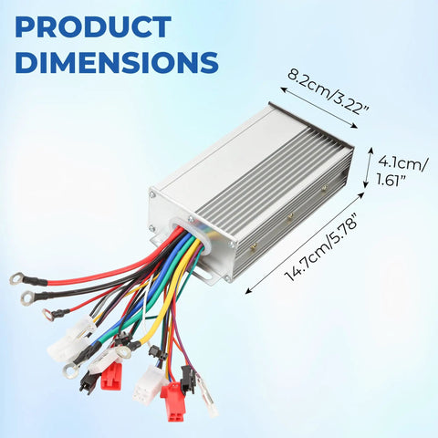 Beefed Up Dual Mode 12 Tube Brushless Motor Speed Controller with wires exposed; dimensions labeled for size reference.
