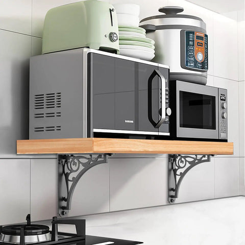 Heavy Duty Shelf Brackets 8 Inch Black Steel Wall Mount supports wooden shelf holding kitchen appliances on a clean wall.