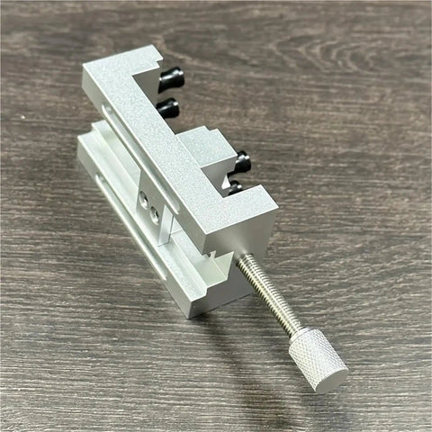 Super Cool Mini Drill Press Vise With Rubber Soft Jaws For Aluminum Alloy Woodworking Projects. Close-up of aluminum vise with soft jaws.