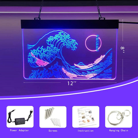 Great Wave Neon Sign Wall Decor LED Light With Lit Blue And White Glow 24 By 16 Inches Handmade Japanese Wave Art for home bar