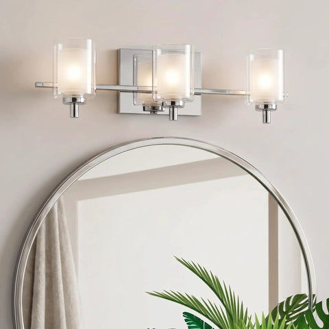Kolt Modern Vanity Bath Lighting 3 Light LED Fixture In Polished Chrome above round mirror in bathroom