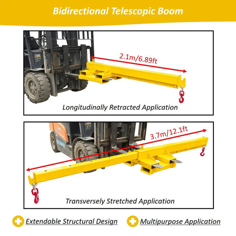 Built Like A Tank 3 Ton Telescopic Forklift Boom Attachment showing 6.89ft and 12.1ft length configurations for heavy lifting.