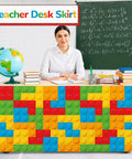 Six Foot Building Block Table Skirt With Bold Primary Bricks For Teacher Desk And Classroom Tables Dope Back To School Vibes, colorful 6ft polyester skirt on teacher's desk.