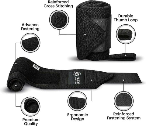 Built Tough Heavy Duty Wrist Wraps With Secure Thumb Loops For Weightlifting Highly Adjustable Support showing ergonomic design and reinforced stitching.