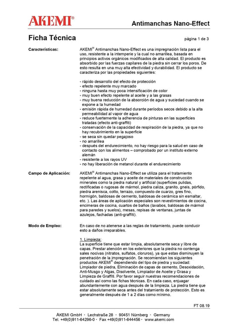 Product technical datasheet for Stain Repellent Nano Shield 1 Liter With Nano Pearl Effect Tech For Countertops And Surfaces.