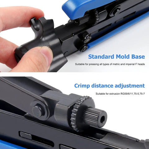 Pro Grade Coaxial Compression Tool Kit With Rock Solid RG6 RG59 RG11 F Connector Crimping Pliers and Quick Stripper close-up of adjustable mold base.