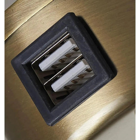 Close-up of USB ports on Stylish Antique Brass And Walnut Wood Veneer Shelf Floor Lamp With Textured Natural Fabric Shade