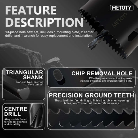 METOTY 22PCS Hole Saw Set front view with features: triangular shank, chip removal hole, precision-ground teeth