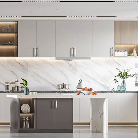 Modern kitchen with marble backsplash, featuring 10 Pack 5 Inch Knurled Champagne Bronze Cabinet Handles Gold Kitchen Cabinet Pulls Hardware.