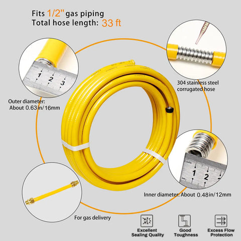35 Ft 1/2 Inch CSST Gas Line With Corrugated Stainless Steel Tubing And Rubber Jacket, 2 Male Fittings, For Natural Gas Or Propane, Pro Grade Durable Home Gas Hookup, Leak Tested, Easy Install, coiled in yellow.