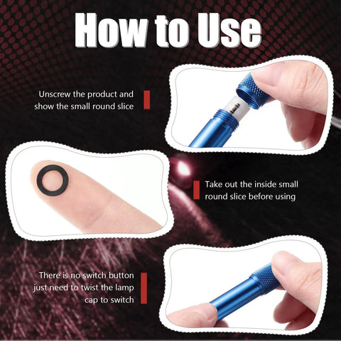 Instructions for 25 Pack Mini Keychain LED Flashlights With Carabiner For Outdoor Summer Use showing disassembly for use.