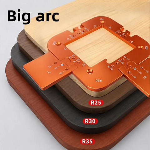 Dead Nuts Precision Router Corner Radius Template Guide Kit In Solid Aluminum Alloy for R20 R25 R30 R35 with curved edge templates.