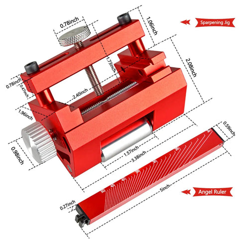 Heavy Duty Adjustable Honing Guide For Chisels And Planes That Delivers Rock Solid Fixed Angle Precision. Red aluminum design with measuring ruler.