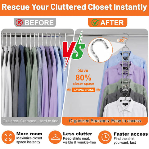 Heavy Duty Metal Hangers Six Pack Featuring Fifty Four Hooks For Massive Space Saving Closet Organization And College Dorm Essentials A Straight Up Dorm Room Game Changer Now comparison of cluttered closet vs organized setup with metal hangers.