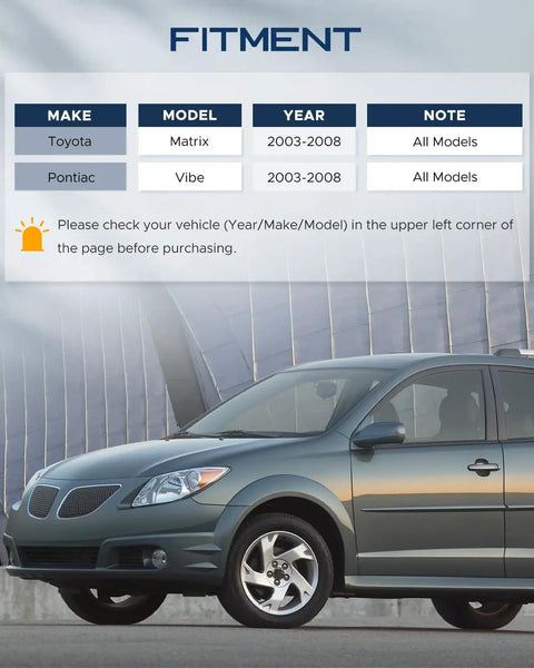 Pontiac Vibe parked in front of a building, with fitment guide for Toyota Matrix and Vibe 2003-2008 models displayed above.