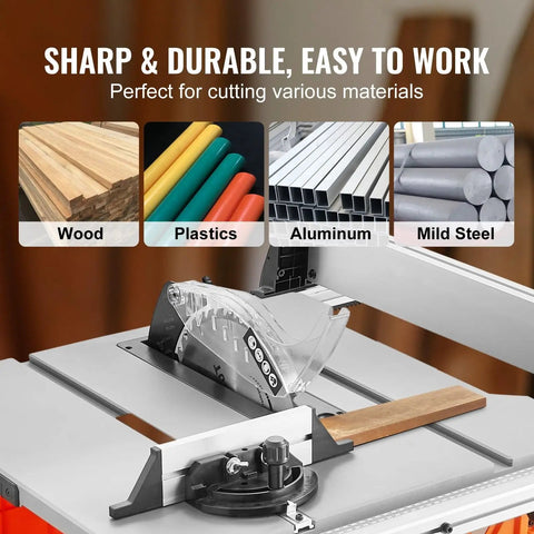 10 Inch Electric Table Saw Rips Wood And Plastics Like Butter With Powerful Motor Dust Port And 25 Inch Rip Capacity showing different cut materials.