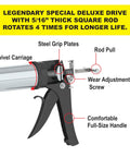 Professional Line Special Deluxe Manual Bulk Caulking Gun with labeled features and ergonomic grip for adhesives 30 oz capacity.