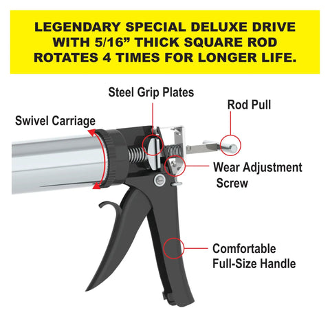 Professional Line Special Deluxe Manual Bulk Caulking Gun with labeled features and ergonomic grip for adhesives 30 oz capacity.