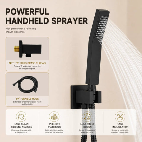 Top Shelf Heavy Duty All Metal Shower System With Tub Spout And Matte Black Finish Featuring Rock Solid 10 Inch Rain Head And Handheld Sprayer Built With Durable Valve with handheld sprayer and flexible hose.