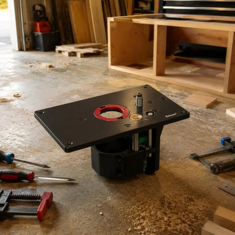 Heavy Duty Aluminum Router Table Insert Plate With Silky Smooth Lift Action For 65Mm Trim Routers on a workbench with tools.