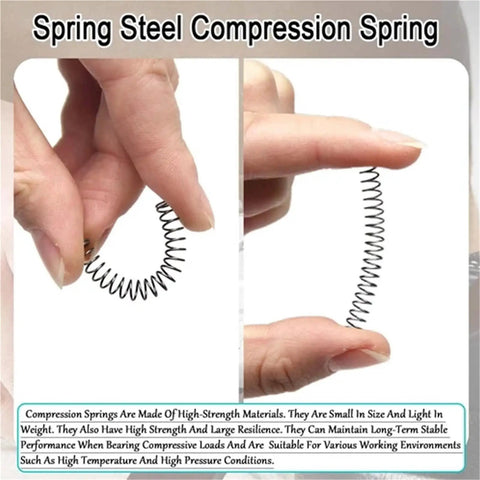 Get This Awesome 50Pcs Micro Compression Springs Kit For Serious Steel Repair Projects, Featuring Premium Wire Sizes Range From.5mm To.7mm With Outer Diameters Spanning 4Mm Up To 12Mm And Lengths Going All The Way Out To 50Mm For Maximum Durability, steel compression spring held between fingers