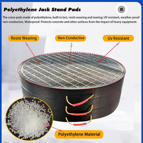 Heavy Duty Polyethylene Outrigger Pads For Cranes And Trailers, round jack stand pad with textured surface for stability.
